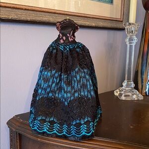 Vintage Mattel Barbie Doll Elegant Black Blue Lacy Gown With Jewels Appears